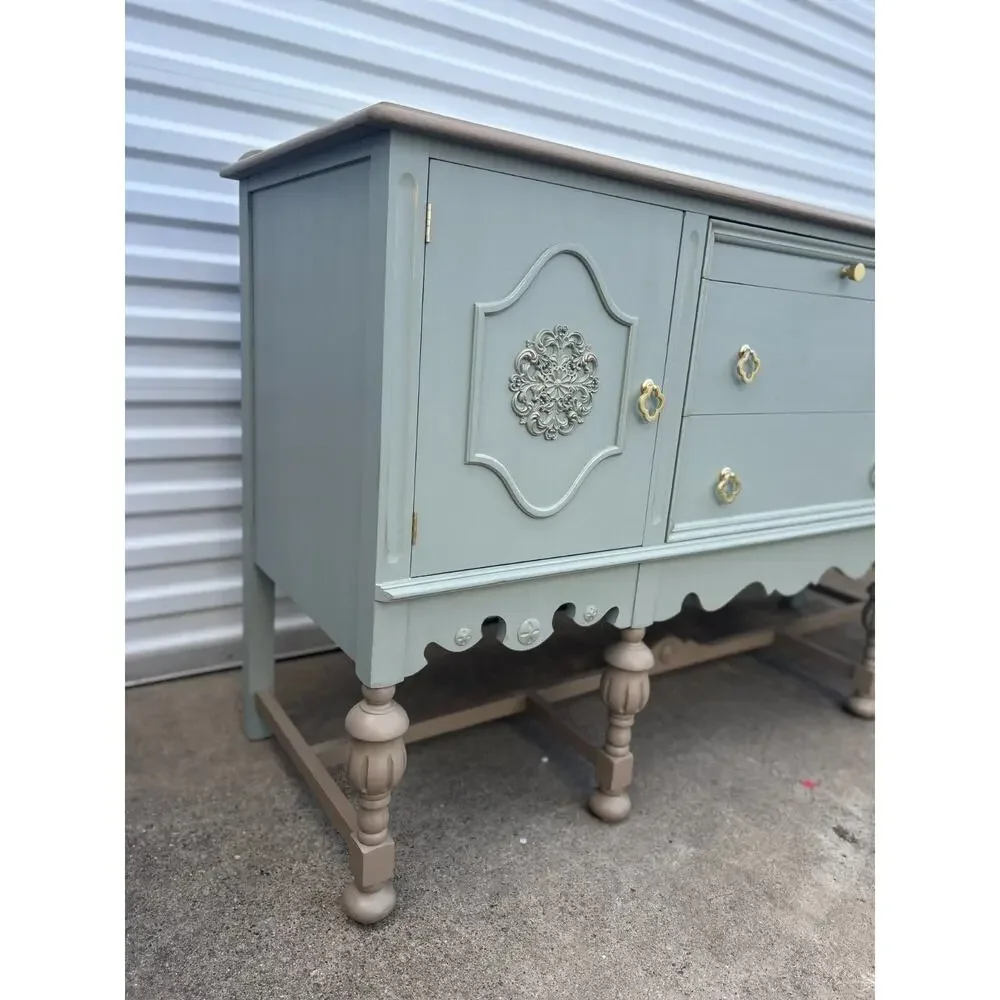 Vintage Jacobean Buffet, Antique Sideboard Cabinet, Coastal Cottage Farmhouse Cr